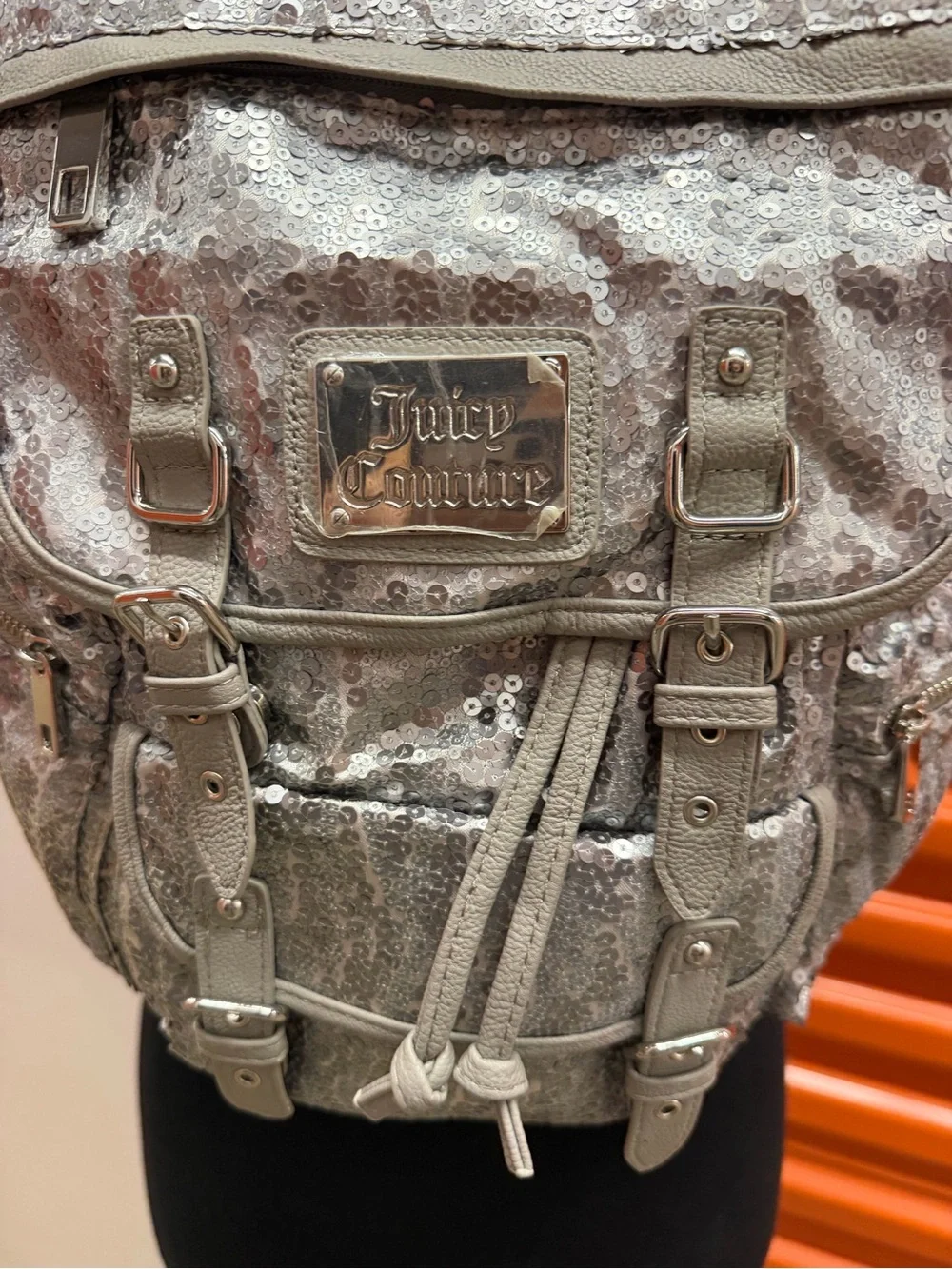 NWT Juicy Couture Silver Sequin Backpack with Buckle Details